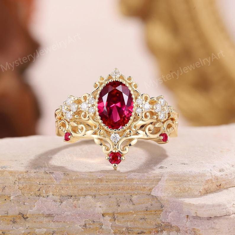 Vintage Ruby Engagement Ring Set Solid Gold Bridal Set Garnet Floral Ring Cluster Moissanite Ring Art Deco Ring Set Anniversary Gift for Her