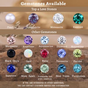 Peut inclure: Image pr&eacute;sentant diverses pierres pr&eacute;cieuses, dont Perle, Alexandrite, Moissanite et &Eacute;meraude, &eacute;tiquet&eacute;es comme "Top 4 Love Stones". D'autres pierres pr&eacute;cieuses sont affich&eacute;es : Morganite, Am&eacute;thyste, Aigue-marine, Diamant, Pierre de lune, Onyx noir, Opale, Rubis, Tanzanite, P&eacute;ridot, Saphir, Agate mousse, etc.