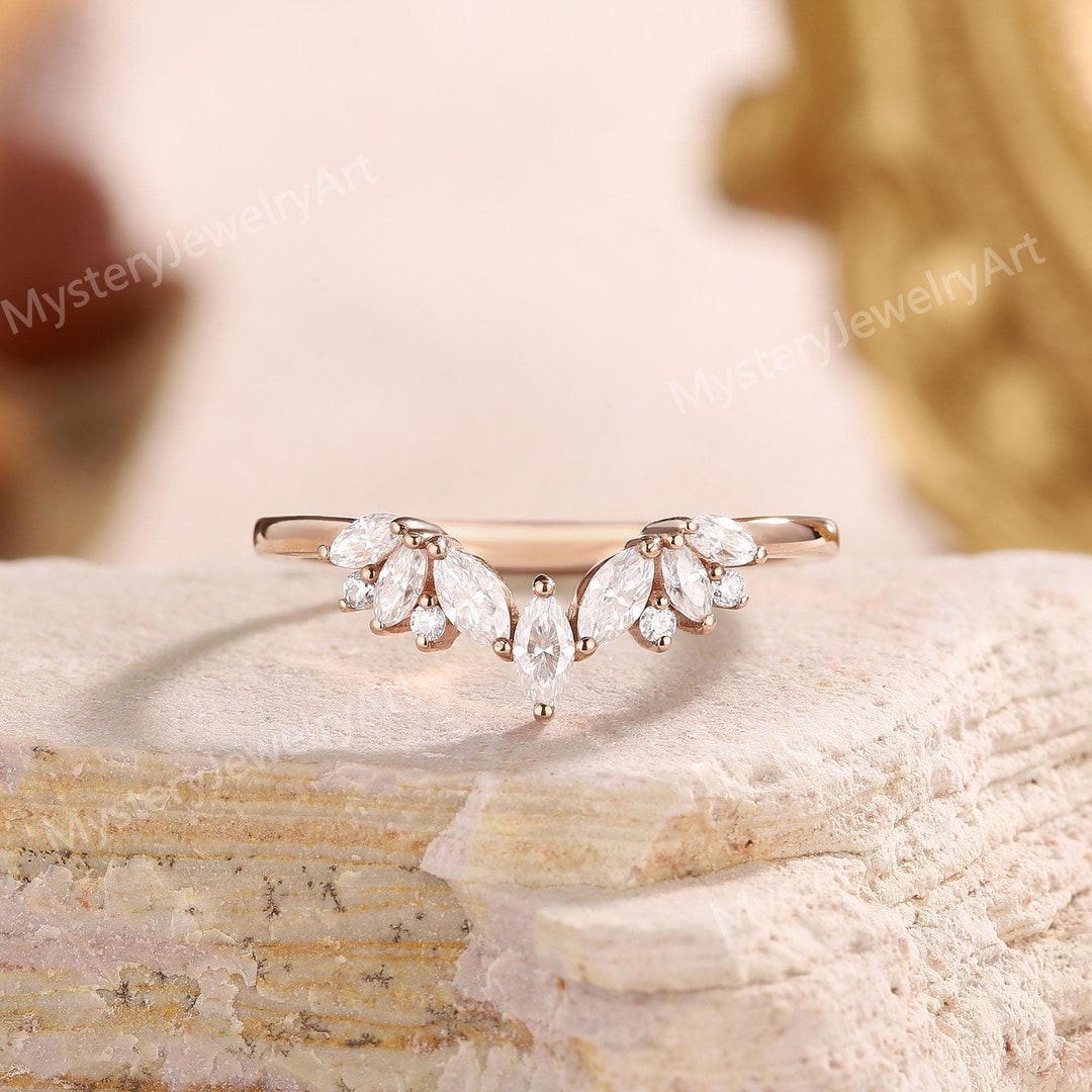 Marquise Moissanite Wedding Band: Rose Gold Art Deco Stackable Ring - Etsy