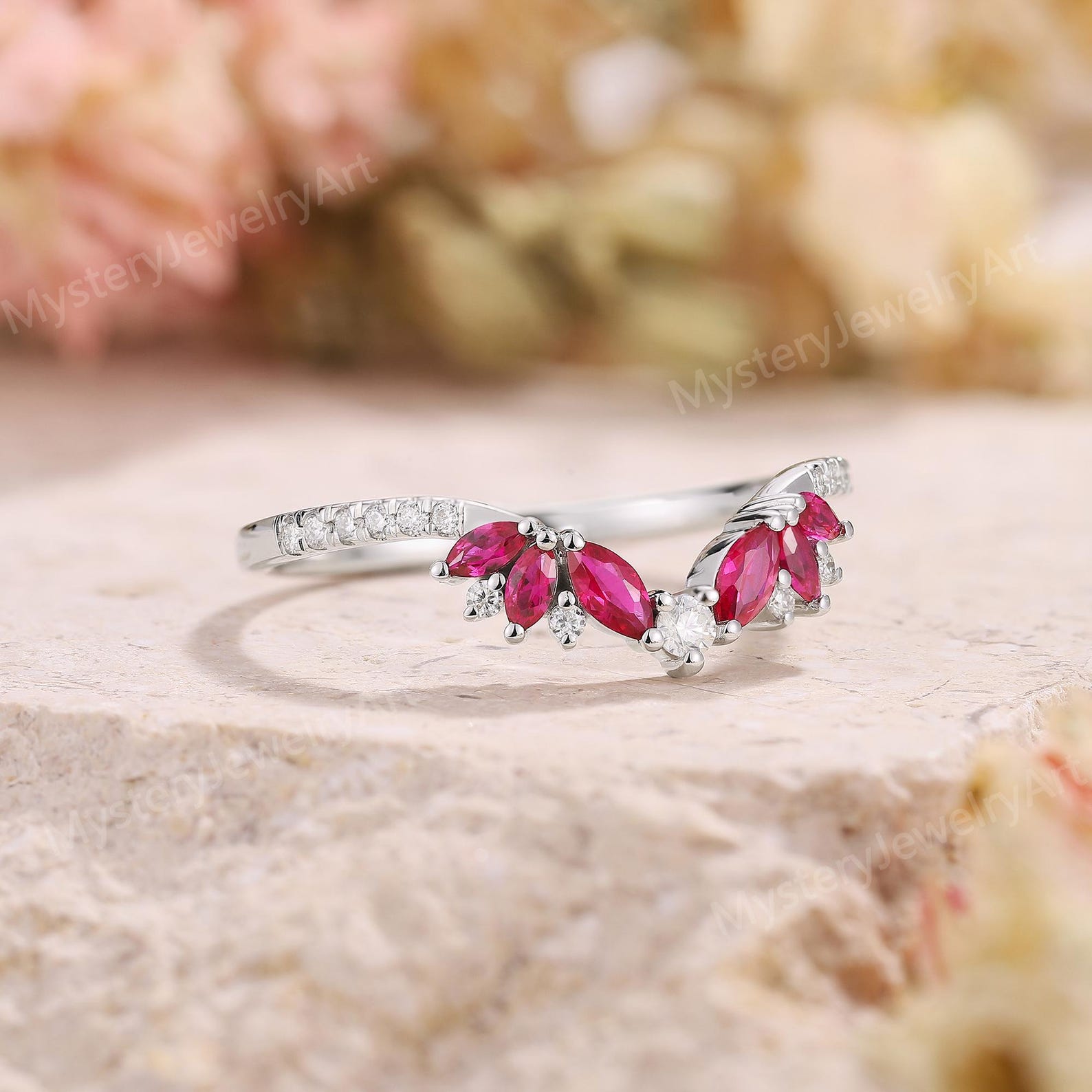 Art Deco Ruby Chevron Wedding Band Women, Rose Gold Moissanite Cluster ...