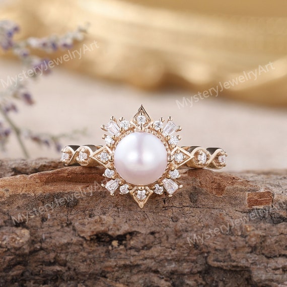 Vintage Pearl Engagement Ring Rose Gold Pearl Ring Moissanite Cluster Ring  Unique Infinity Ring Akoya Pearl Art Deco Promise Rings for Women