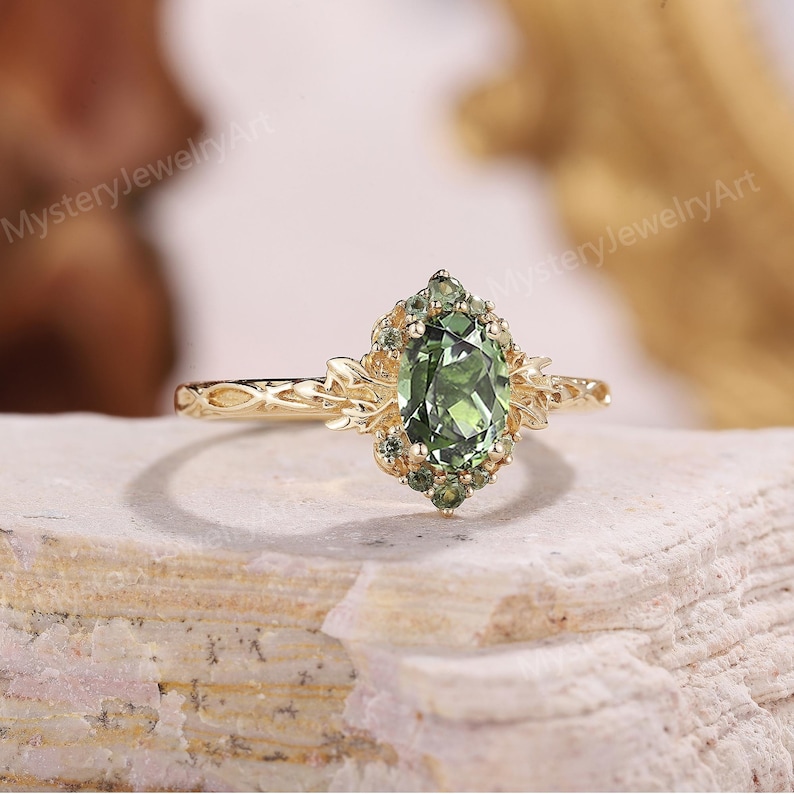 Vintage Teal Sapphire Engagement Ring Unique Leaf Vine Ring Sapphire Cluster Ring Solid Gold Ring Art Deco Green Sapphire Ring Promise Rings