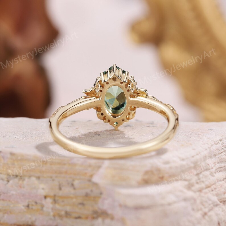 Vintage Teal Sapphire Engagement Ring Unique Leaf Vine Ring Sapphire Cluster Ring Solid Gold Ring Art Deco Green Sapphire Ring Promise Rings