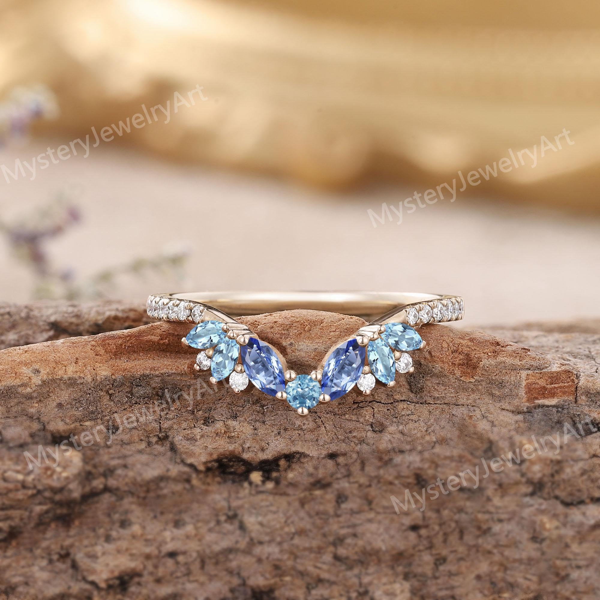 Unique Sapphire Wedding Band Curved Wedding Band Rose Gold Moissanite Ring Art Deco Aquamarine Ring Stackable Rings Anniversary Gift for Her