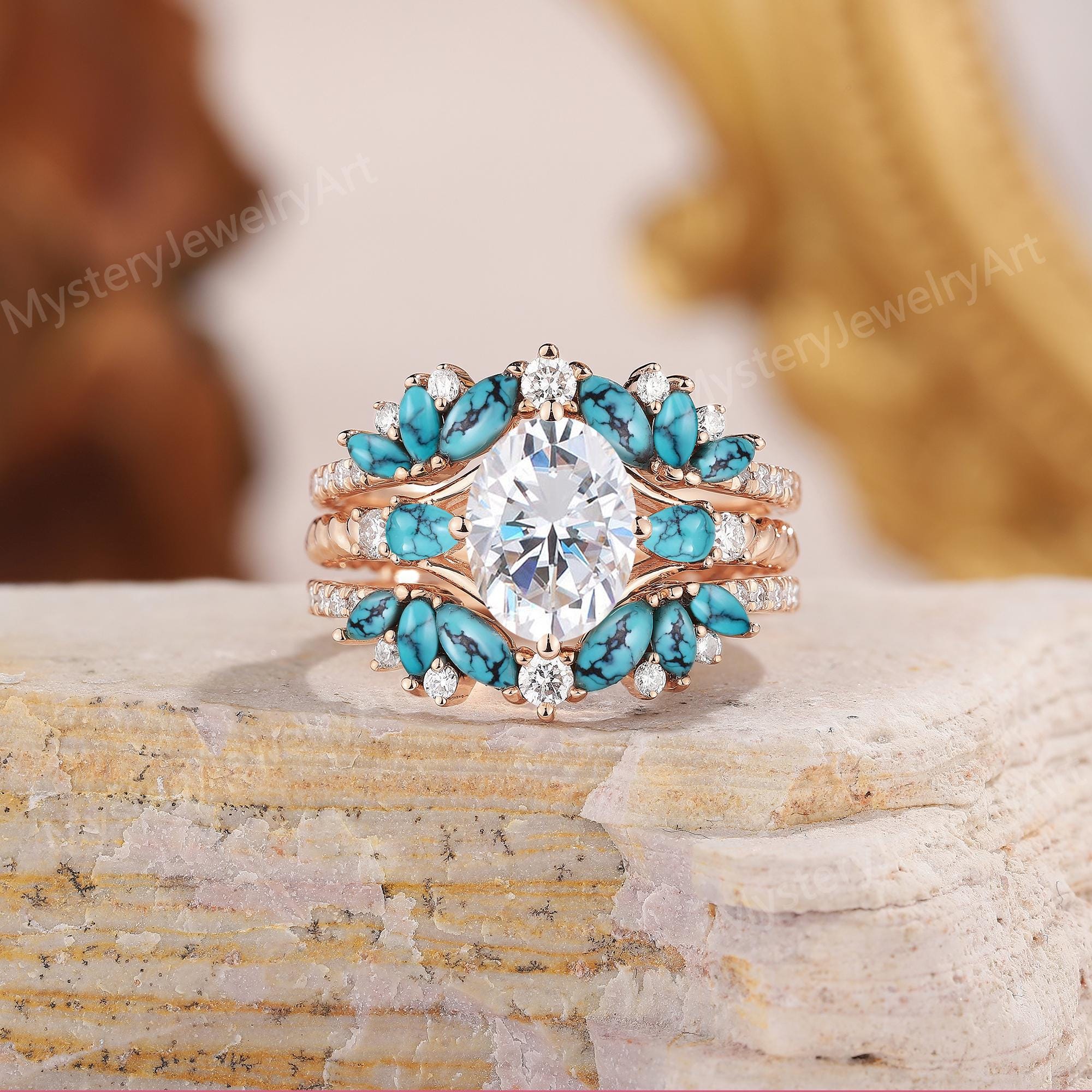Unique Moissanite Engagement Ring Set Turquoise Enhancer Wedding Band Rose Gold Moissanite Ring Infinity Ring Turquoise Ring Stackable Rings