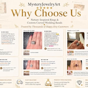 May include: A promotional graphic for MysteryJewelryArt featuring customer reviews and photos of nature-inspired rings and custom curved wedding bands. The layout includes five-star ratings, text testimonials, and icons for communication, delivery, and craftsmanship.