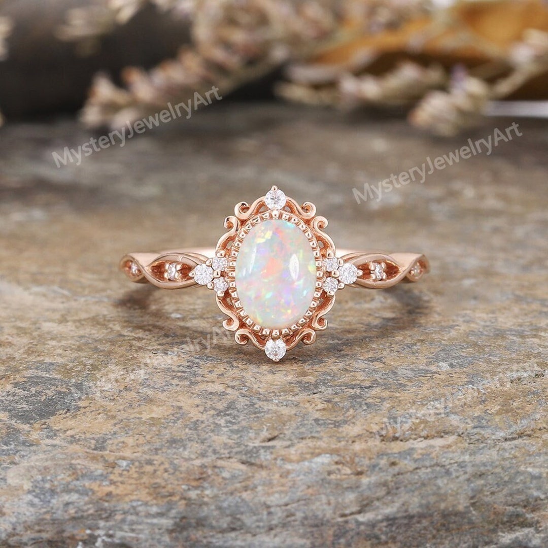Vintage Oval Shaped Opal Engagement Ring Rose Gold Round Moissanite ...