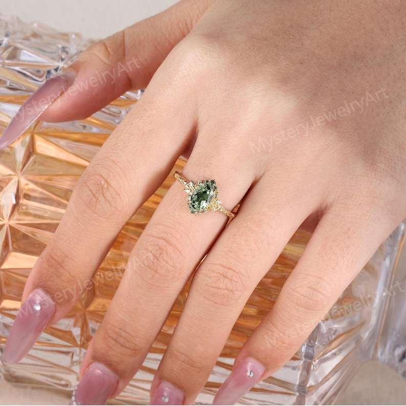 Vintage Teal Sapphire Engagement Ring Unique Leaf Vine Ring Sapphire Cluster Ring Solid Gold Ring Art Deco Green Sapphire Ring Promise Rings