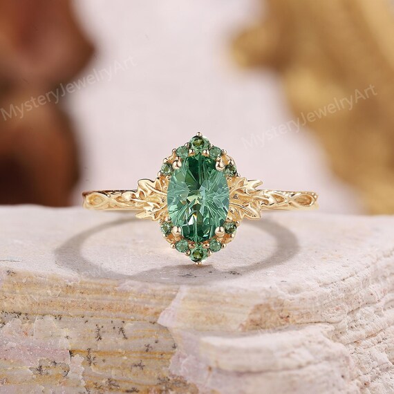Firework Cut Green Sapphire Engagement Ring Unique Leaf Vine Ring Sapphire Cluster Ring Solid Gold Ring Teal Sapphire Ring Promise Rings