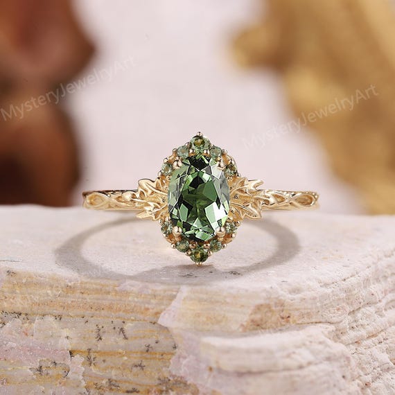 Vintage Teal Sapphire Engagement Ring Unique Leaf Vine Ring Sapphire Cluster Ring Solid Gold Ring Art Deco Green Sapphire Ring Promise Rings