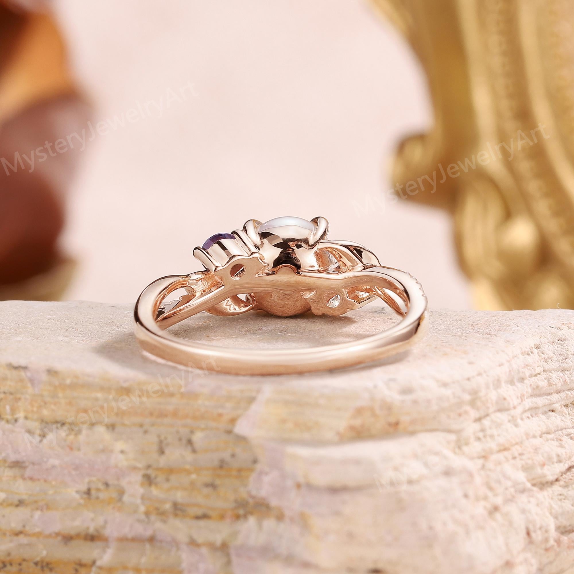 Rose Gold Akoya Pearl Ring, Lab-alexandrite Leaf Art Nouveau