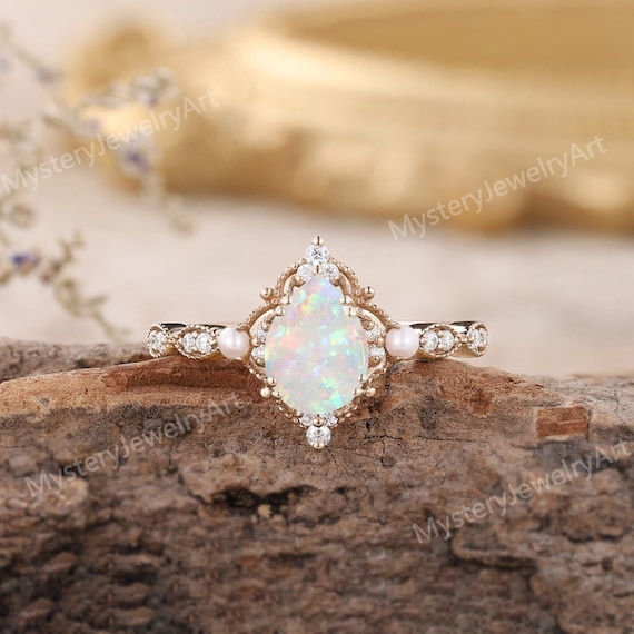 Vintage Pear Opal Engagement Ring Rose Gold Moissanite Pearl Art
