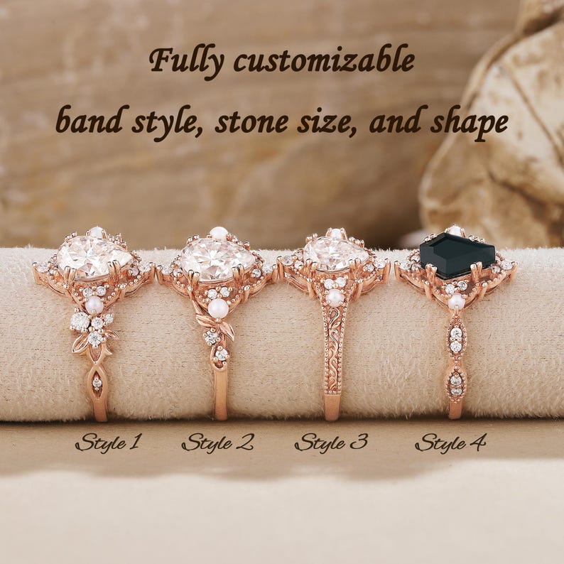May include: Four rose gold rings with intricate bands and various center stones, including three clear stones and one black stone. The text reads: Fully customizable band style, stone size, and shape. Below each ring is labeled Style 1, 2, 3, and 4.