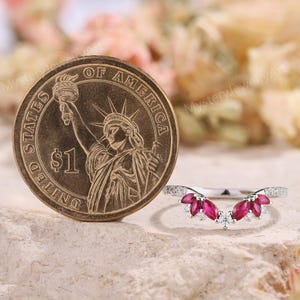 Art Deco Ruby Chevron Wedding Band Women, Rose Gold Moissanite Cluster ...