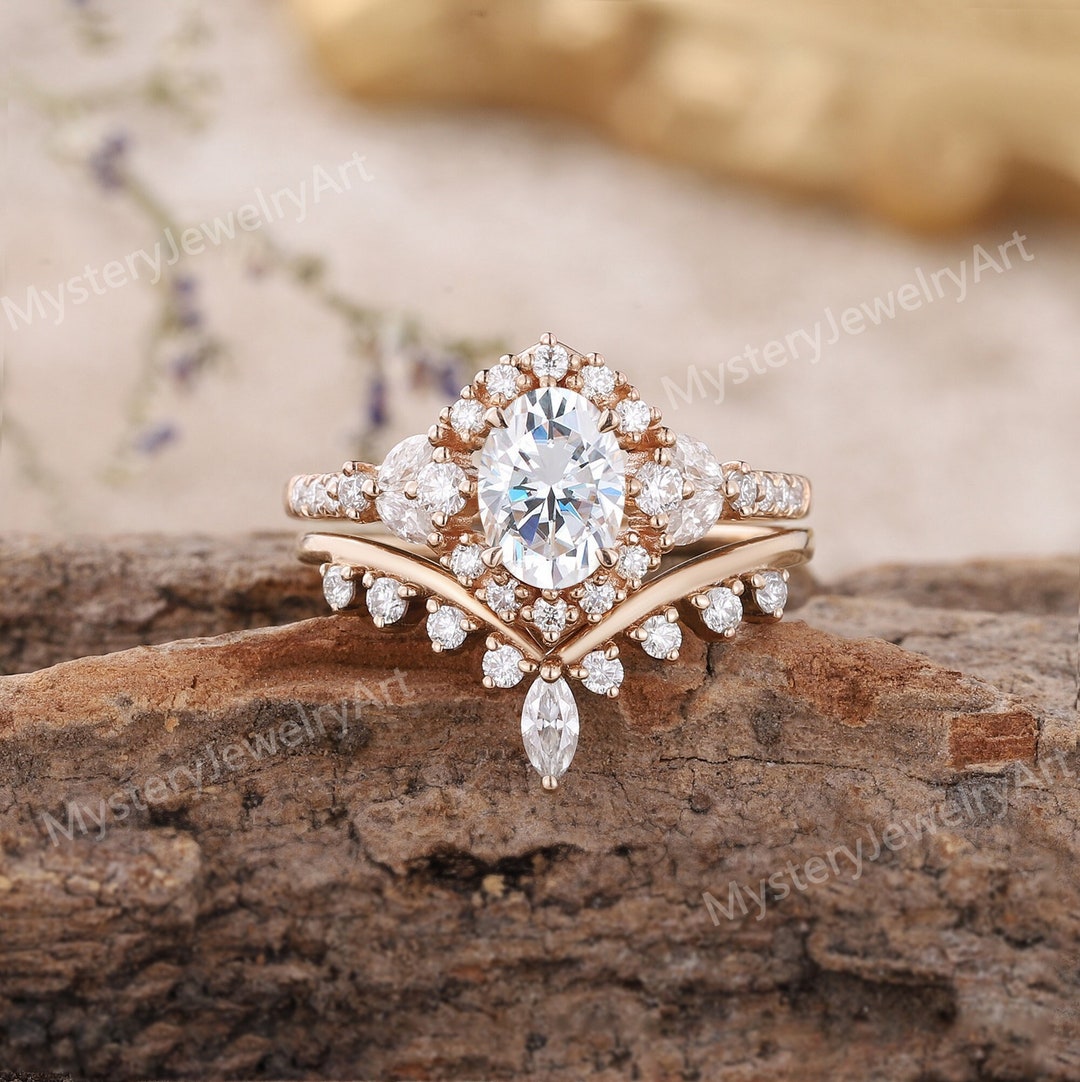 Unique Moissanite Engagement Ring Set Oval Moissanite Ring Rose Gold ...