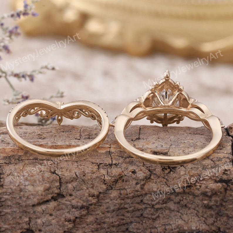 Art Deco Moissanite Engagement Ring Set Rose Gold Ring Floral Ring Pear Moissanite Ring Bridal Set Vintage Rings Anniversary Gifts for Her