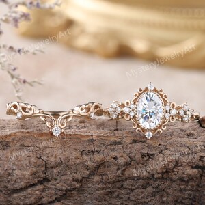 Vintage Moissanite Engagement Ring Set Solid Gold Bridal Set Leaf ...