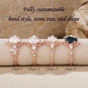 May include: Four rose gold rings with different designs, featuring various stone shapes and sizes. The rings are displayed on a neutral surface, with text above stating "Fully customizable band style, stone size, and shape."