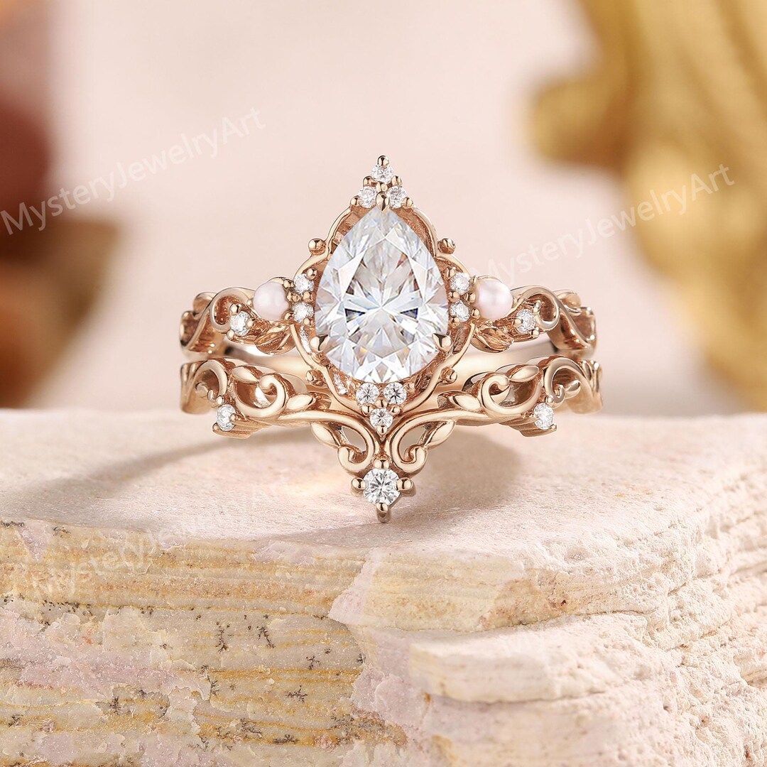Vintage Moissanite Engagement Ring Set Solid Gold Bridal Set Leaf ...