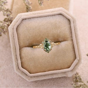 Vintage Teal Sapphire Engagement Ring Unique Leaf Vine Ring Sapphire Cluster Ring Solid Gold Ring Art Deco Green Sapphire Ring Promise Rings