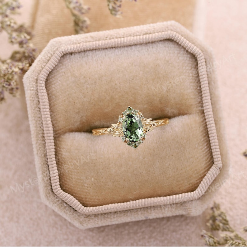 Vintage Teal Sapphire Engagement Ring Unique Leaf Vine Ring Sapphire Cluster Ring Solid Gold Ring Art Deco Green Sapphire Ring Promise Rings