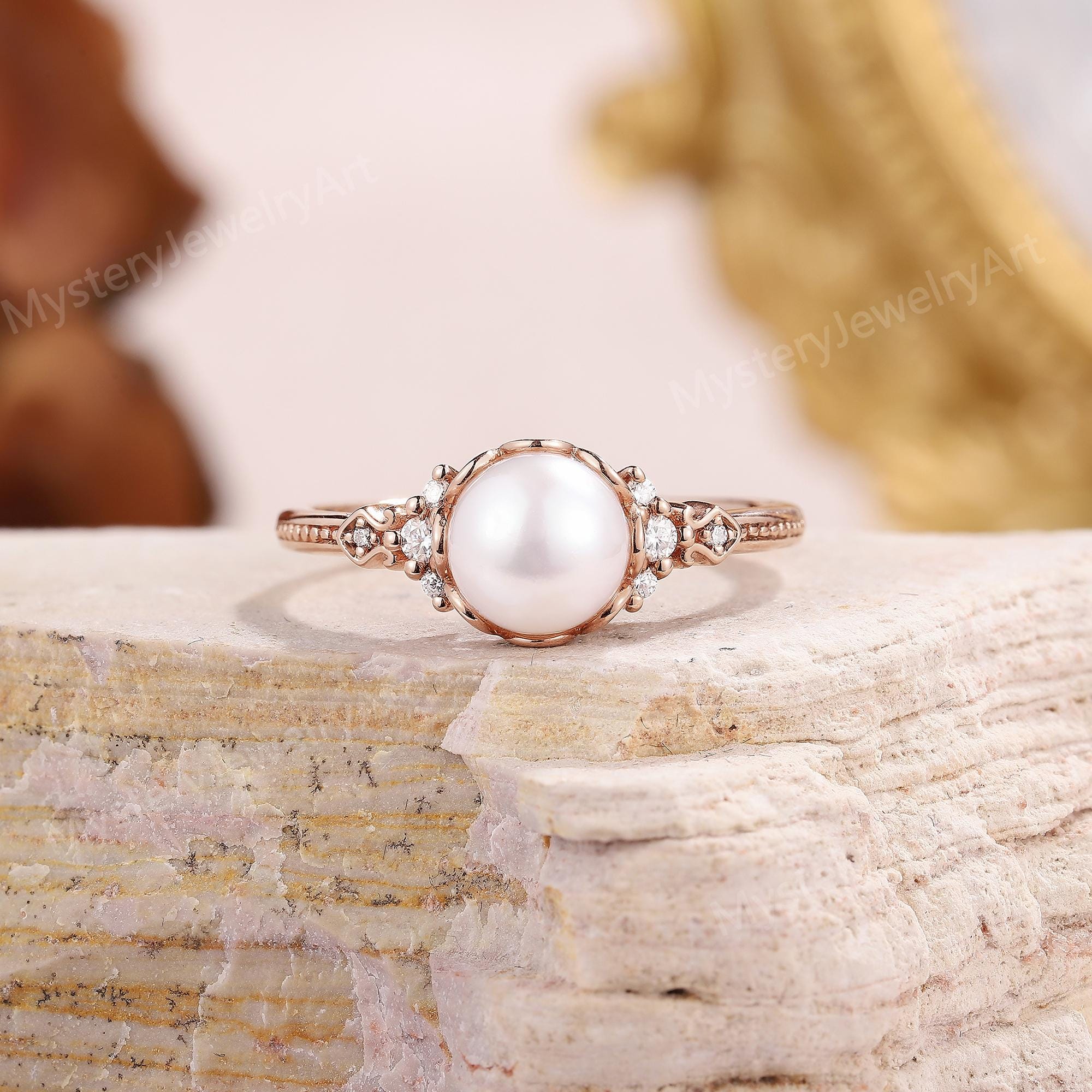 Vintage Akoya Pearl Ring Rose Gold Engagement Ring Moissanite