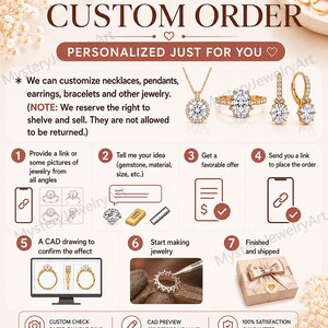 May include: Custom order jewelry service advertisement. The image shows a step-by-step process, including providing jewelry pictures, discussing ideas, receiving an offer, and a CAD drawing. Examples of jewelry include a necklace, ring, and earrings.