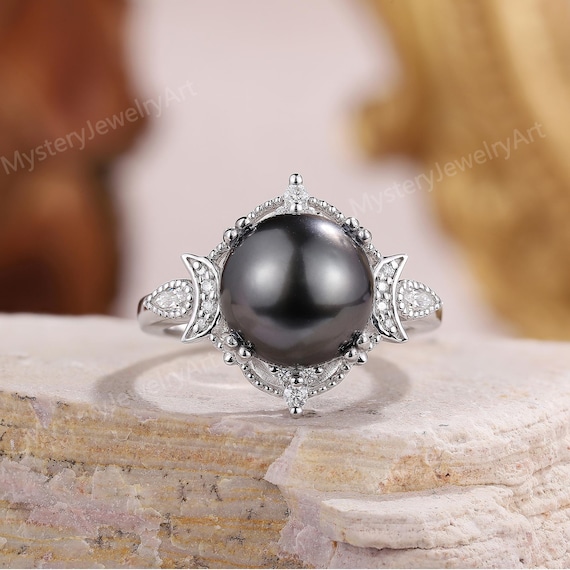Anillo de compromiso vintage con perla negra de Tahití de mm