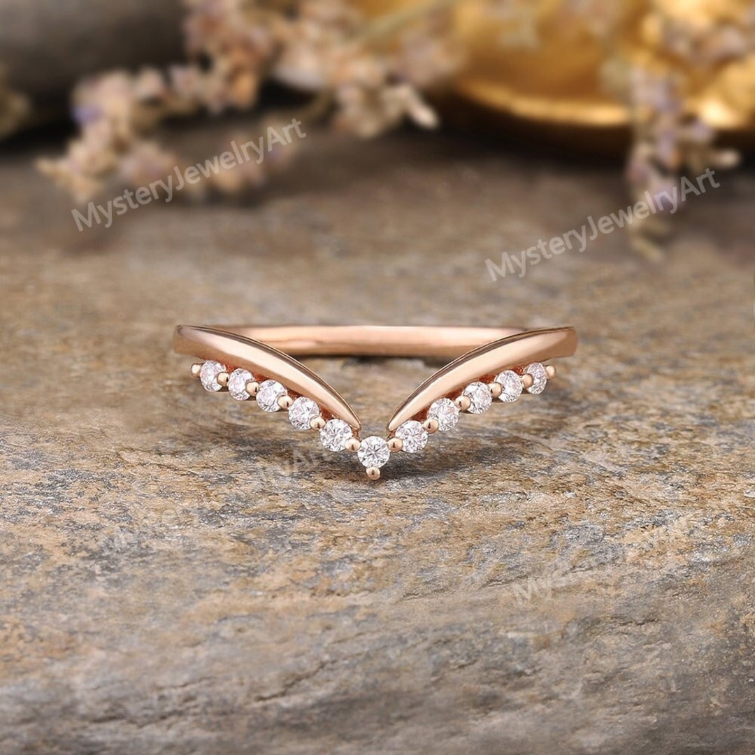 Unique Round Moissanite Wedding Band Rose Gold Diamond Ring Curved Half ...