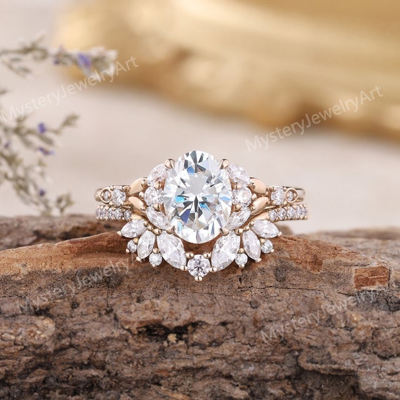 Anillo de compromiso Moissanite vintage conjunto anillo moissanite ovalado conjunto nupcial Art Deco anillo de hoja de diamante anillo de oro solido regalos de aniversario para ella Etsy Espana