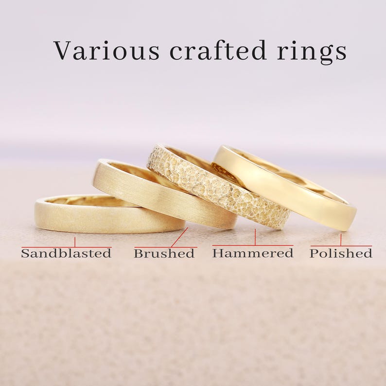 May include: Four gold rings arranged in a row, each featuring a distinct surface texture. The text "Various crafted rings" appears at the top, with labels "Sandblasted," "Brushed," "Hammered," and "Polished" pointing to each specific ring.
