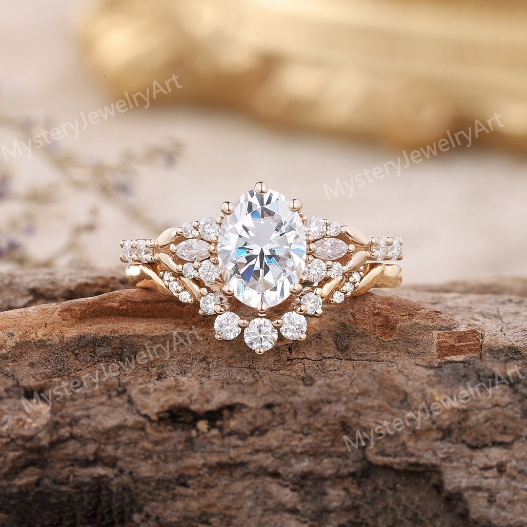Vintage Moissanite Engagement Ring Set Solid Gold Ring Stacking Ring ...