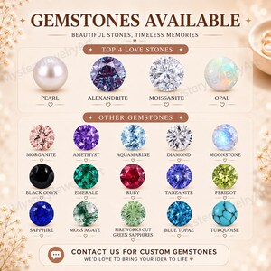May include: A gemstone chart titled GEMSTONES AVAILABLE featuring rows of circular stones including pearl, alexandrite, moissanite, opal, morganite, amethyst, aquamarine, diamond, moonstone, black onyx, emerald, ruby, tanzanite, peridot, sapphire, moss agate, green sapphires, blue topaz, and turquoise.