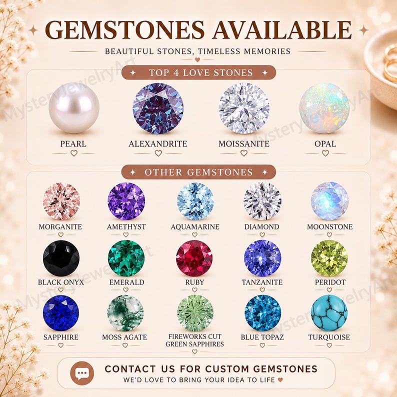 May include: A gemstone chart titled GEMSTONES AVAILABLE featuring rows of circular stones including pearl, alexandrite, moissanite, opal, morganite, amethyst, aquamarine, diamond, moonstone, black onyx, emerald, ruby, tanzanite, peridot, sapphire, moss agate, green sapphires, blue topaz, and turquoise.