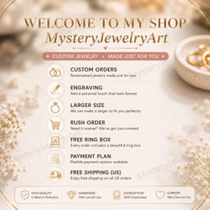 May include: A promotional image for MysteryJewelryArt, featuring text that reads "Welcome to My Shop." The image highlights custom jewelry options, engraving, larger sizes, rush orders, free ring boxes, payment plans, and free shipping within the US.