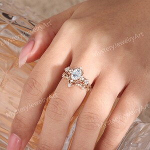 Vintage Moissanite Engagement Ring Set Solid Gold Bridal Set Leaf ...