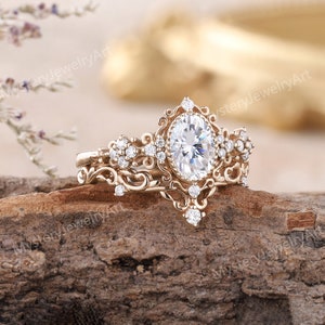 Vintage Moissanite Engagement Ring Set Solid Gold Bridal Set Leaf ...