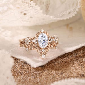 Vintage Moissanite Engagement Ring Set Solid Gold Bridal Set Leaf ...