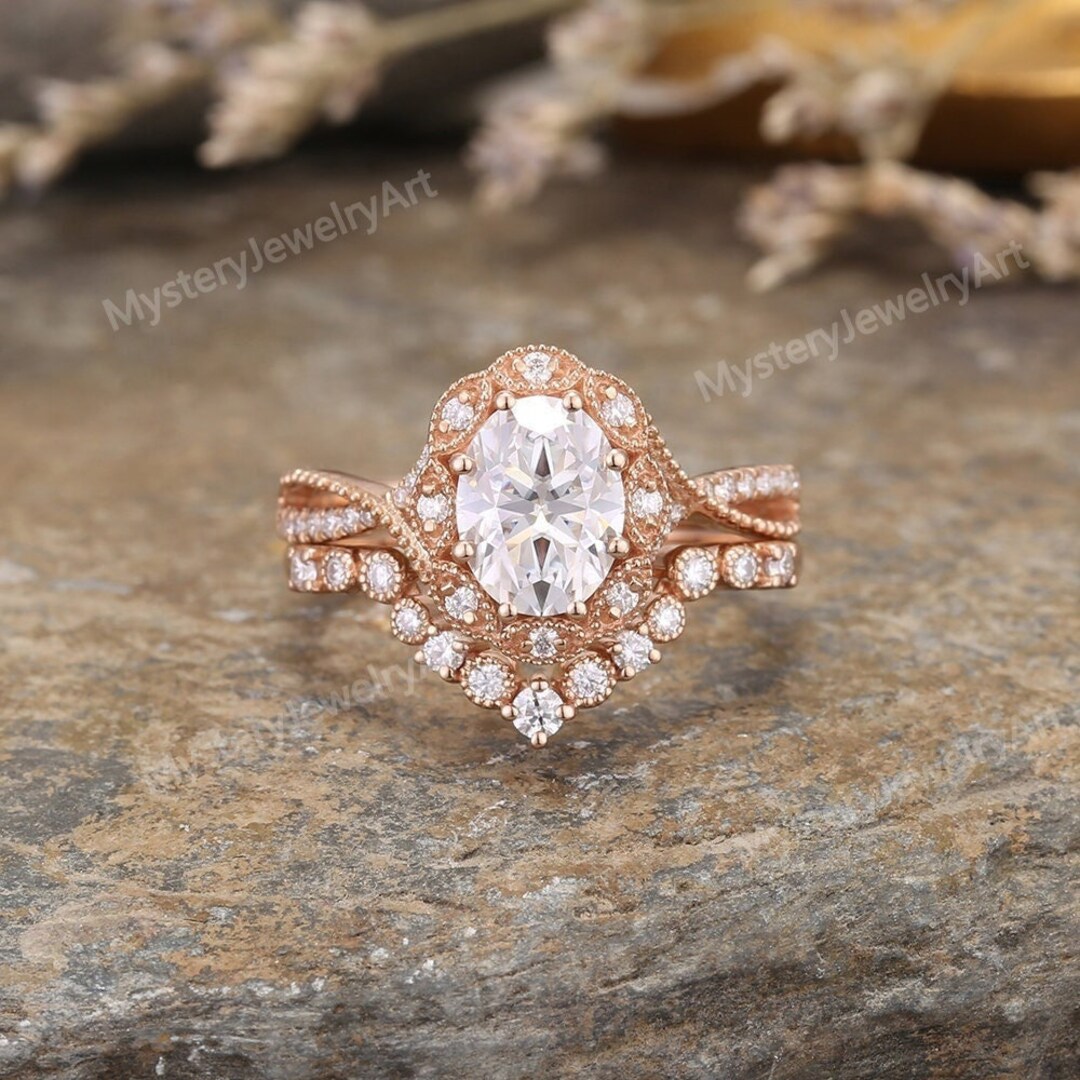Vintage Oval Moissanite Engagement Rings Rose Gold Wedding Etsy