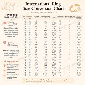 May include: An international ring size conversion chart featuring a gold band at the top right. The chart includes columns for inside circumference in inches and millimeters, along with corresponding ring sizes for the US, Canada, Mexico, UK, Australia, Ireland, New Zealand, South Africa, France, Germany, Russia, Ukraine, Asia, India, China, Japan, South America, Turkey, Israel, Italy, Spain, Netherlands, and Switzerland.