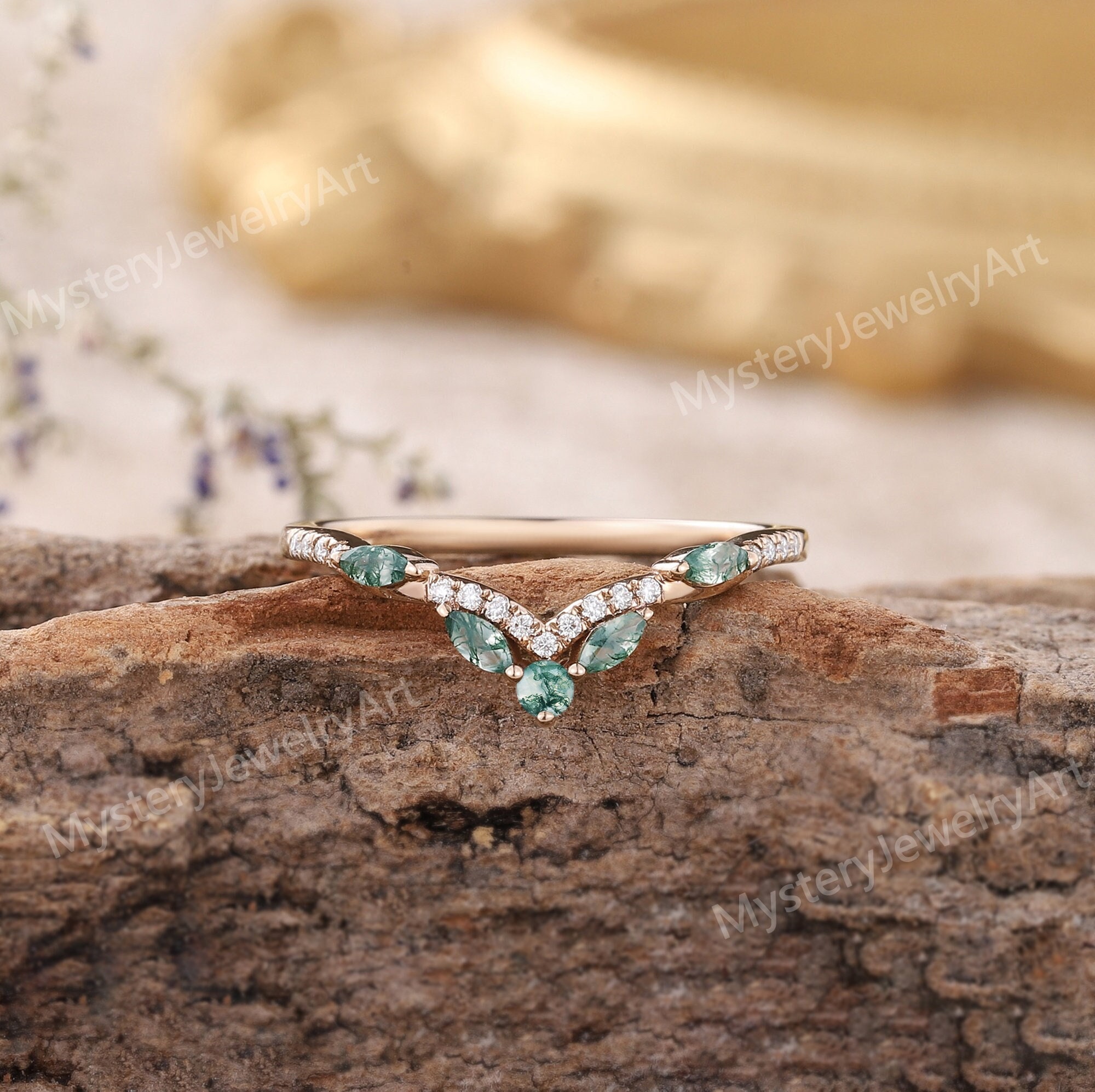 Unique Moss Agate Wedding Band Rose Gold Ring Moss Agate Ring Stackable Rings Moss Agate Jewelry Curved Wedding Band Vintage Rings for Women