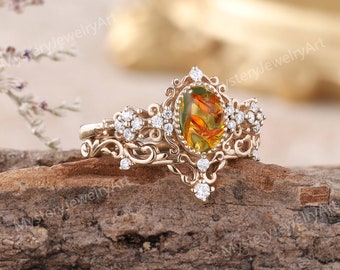 Vintage Amber Engagement Ring Set Solid Gold Amber Jewelry