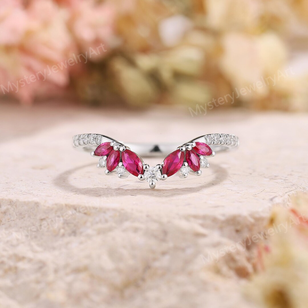Art Deco Ruby Chevron Wedding Band Women, Rose Gold Moissanite Cluster ...