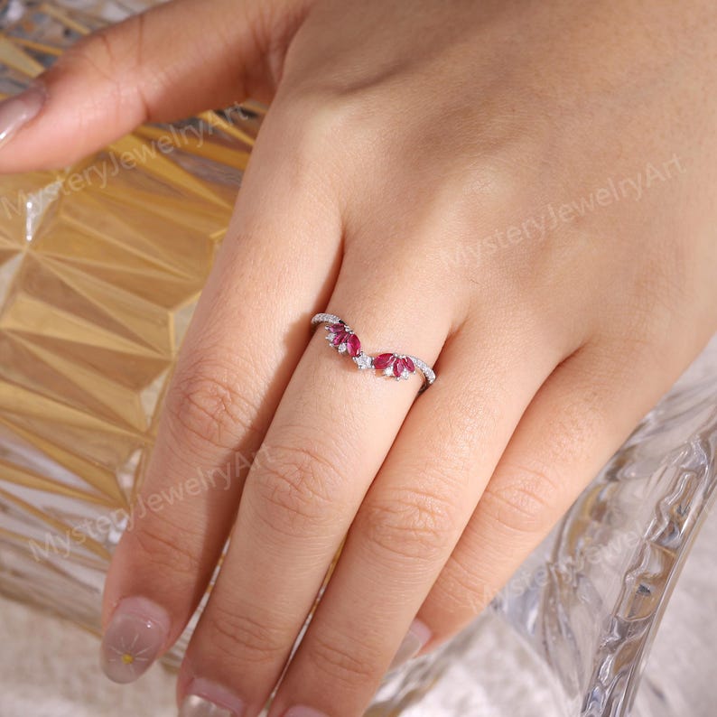 Art Deco Ruby Chevron Wedding Band Women, Rose Gold Moissanite Cluster ...