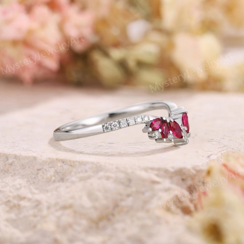 Art Deco Ruby Chevron Wedding Band Women, Rose Gold Moissanite Cluster ...