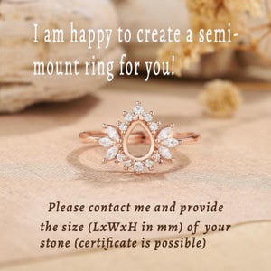 May include: A rose gold semi-mount ring featuring a central pear-shaped empty setting surrounded by a halo of small round and marquise-cut white stones. Text reads: I am happy to create a semi-mount ring for you! Please contact me and provide the size (LxWxH in mm) of your stone (certificate is possible).