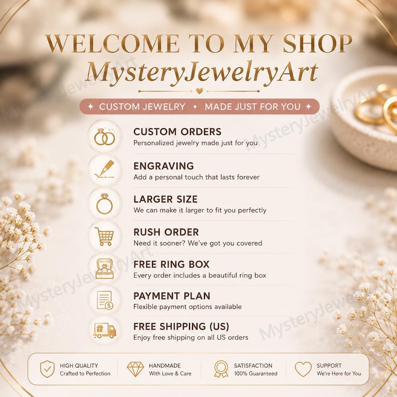 May include: A shop announcement graphic for MysteryJewelryArt featuring gold text on a light background. It lists services including custom orders, engraving, larger sizes, rush orders, ring boxes, payment plans, and free US shipping with icons.