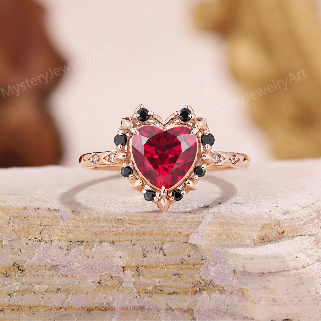 Unique Heart Shaped Ruby Engagement Ring 14k Gold Black Onyx Ring ...