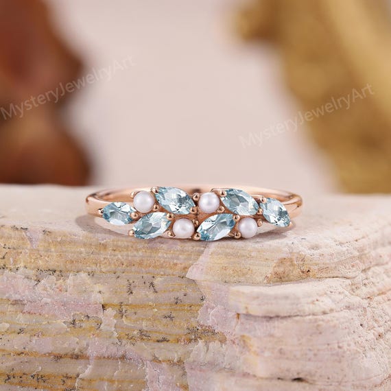 Vintage Pearl Aquamarine Wedding Ring Rose Gold Marquise