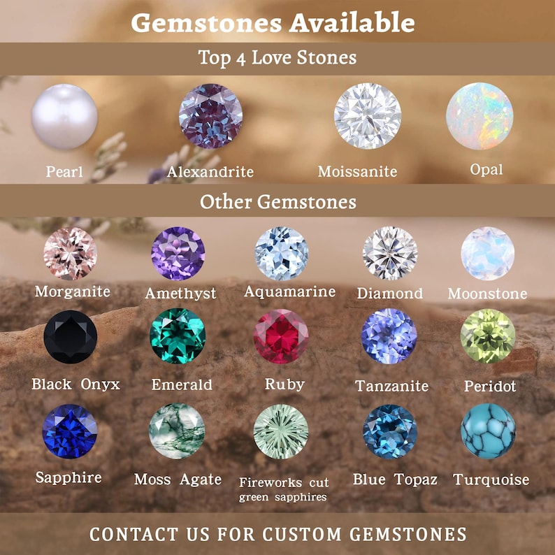 May include: A display of various gemstones, including Pearl, Alexandrite, Moissanite, and Opal, labeled as "Top 4 Love Stones." Other gemstones include Morganite, Amethyst, Aquamarine, Diamond, Moonstone, Black Onyx, Emerald, Ruby, Tanzanite, Peridot, Sapphire, Moss Agate, and more.